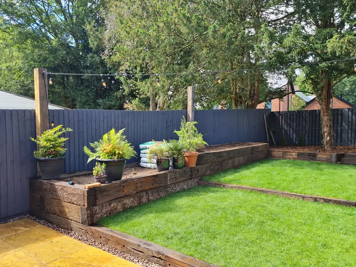 Railway sleeper raised beds around a finished lawn